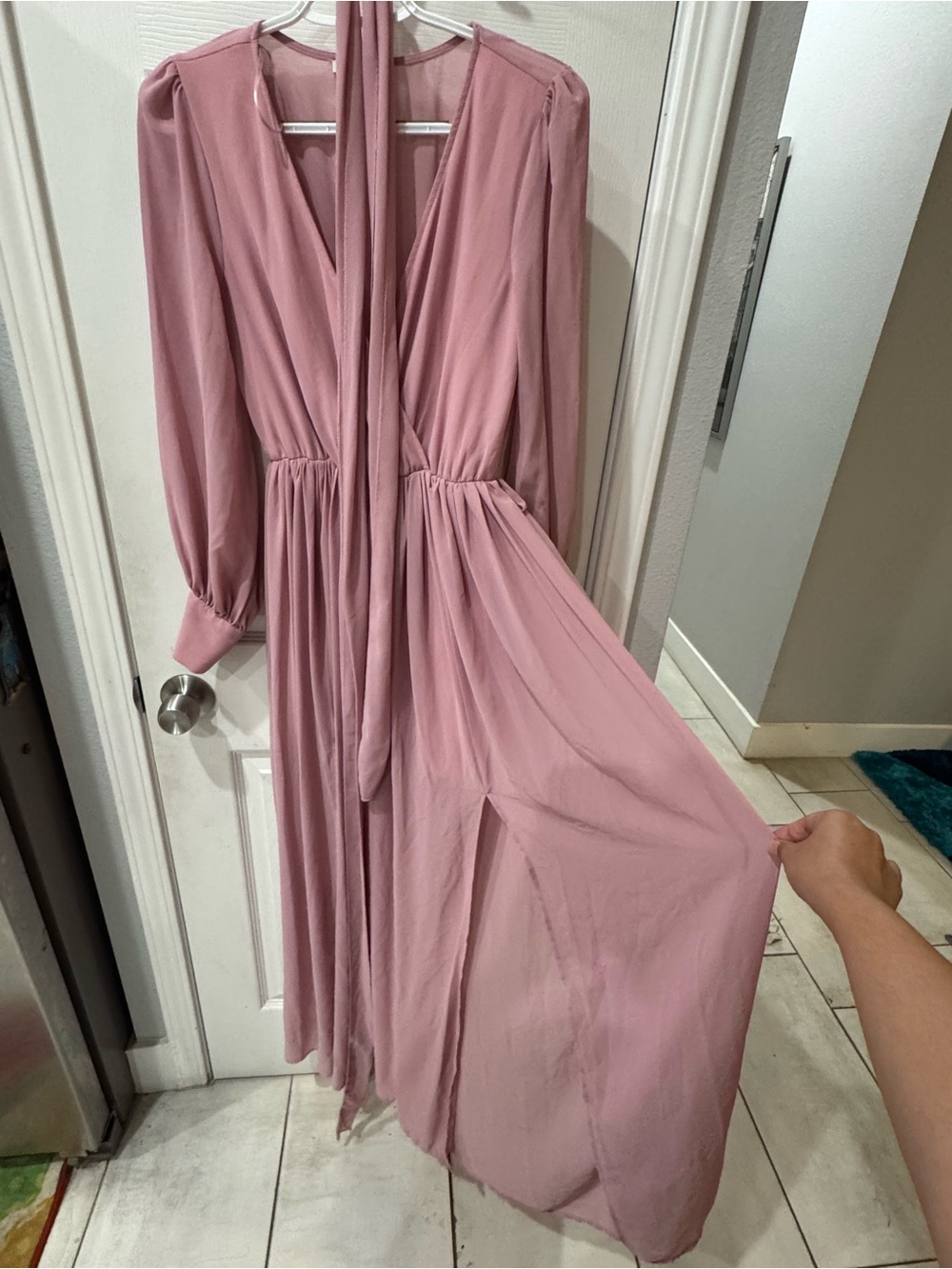 Fashion Nova Dusty Mauve Long Sleeve Maxi Dress with Tie Neck